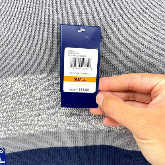 IZOD Woods Cove Chest Stripe Sweater Crew Neck Med Gray Heather Mens Size S NEW - Picture 3 of 10